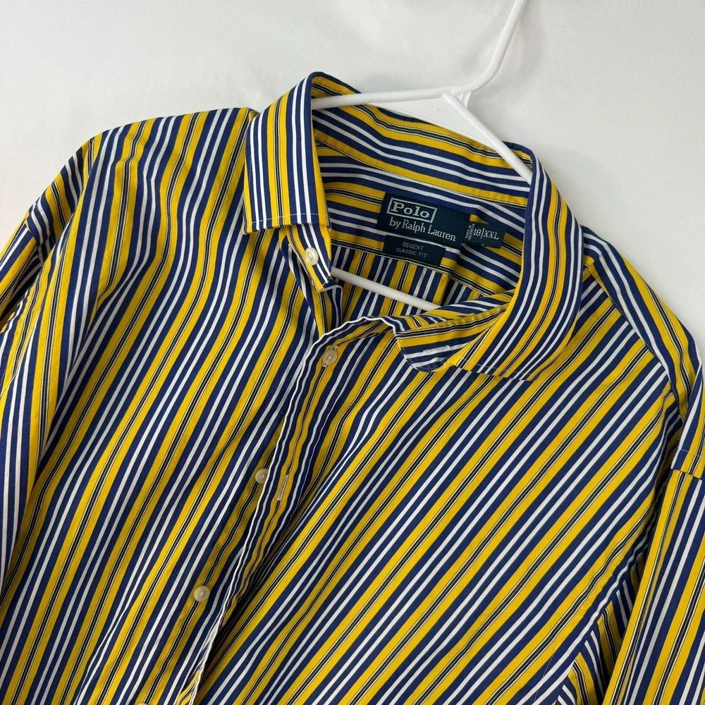 Polo Ralph Lauren Regent Classic Fit Strip Shirt Men XXL Yellow Navy Blue Cotton